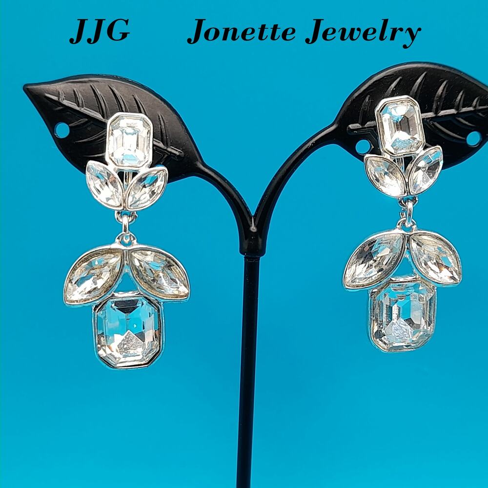 Vintage Clear Rhinestone Clip Earrings, Silver Tone, Signed Jonette Jewelry